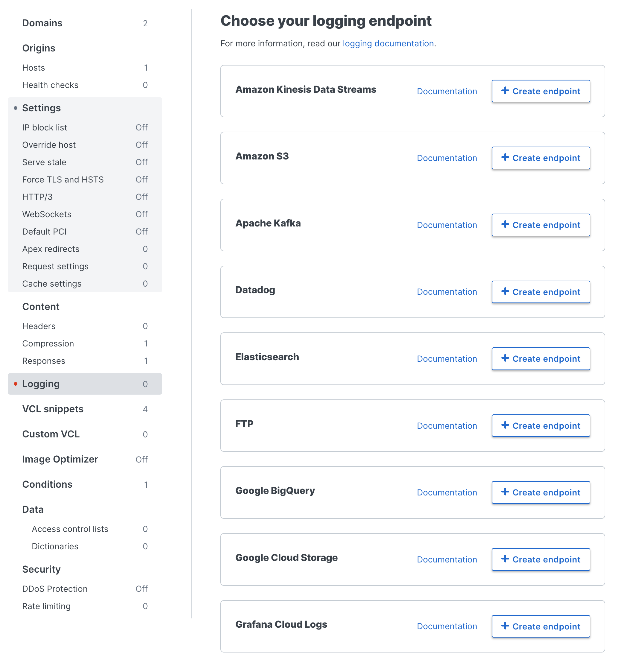 the logging endpoints page