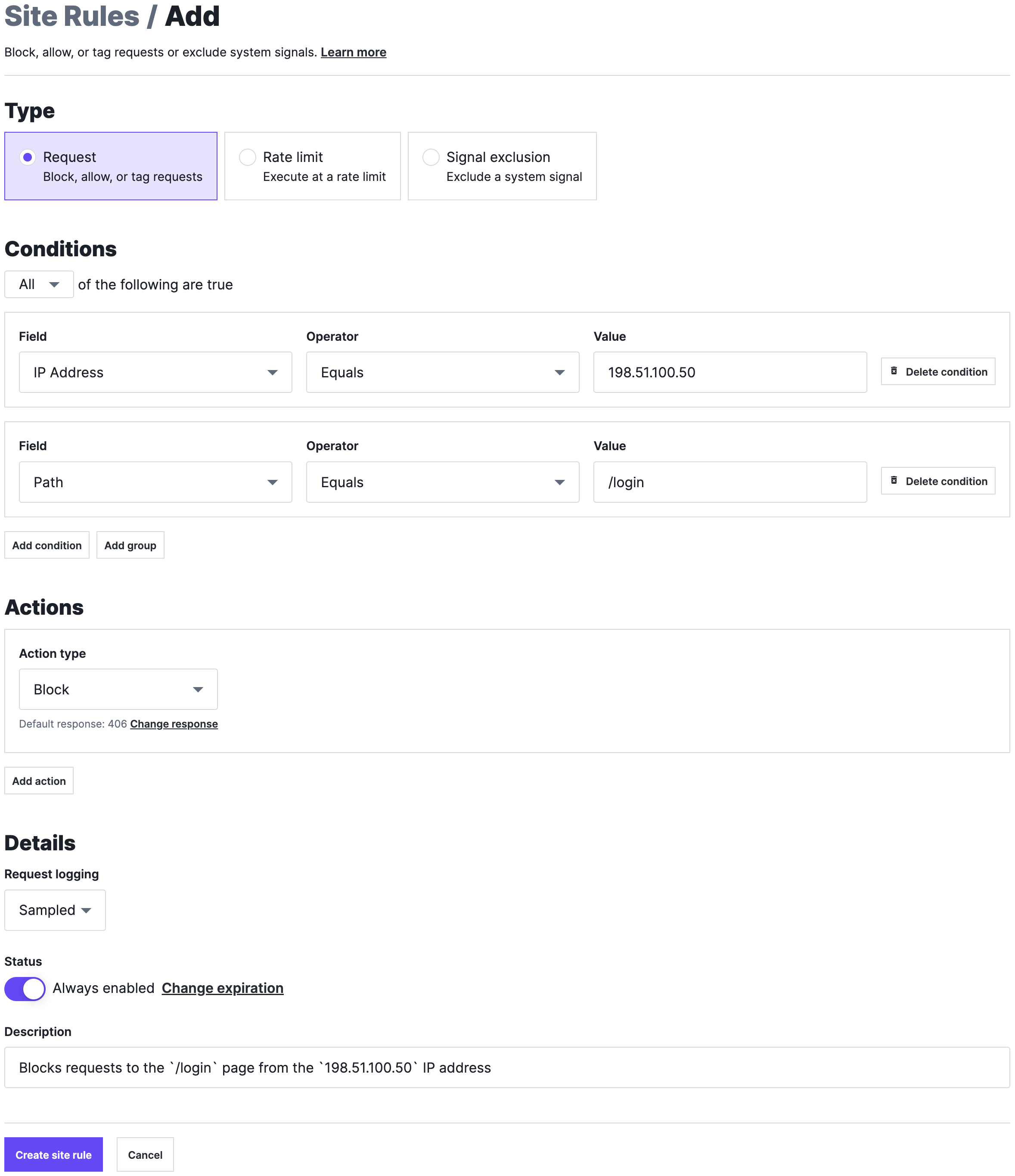 A request rule designed to block requests to the '/login' page from the IP address '198.51.100.50', as described above.
