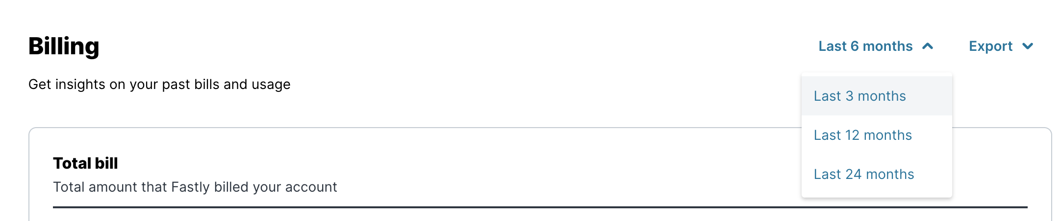 a partial shot of the top of the Billing overview page showing the choices available in the month menu