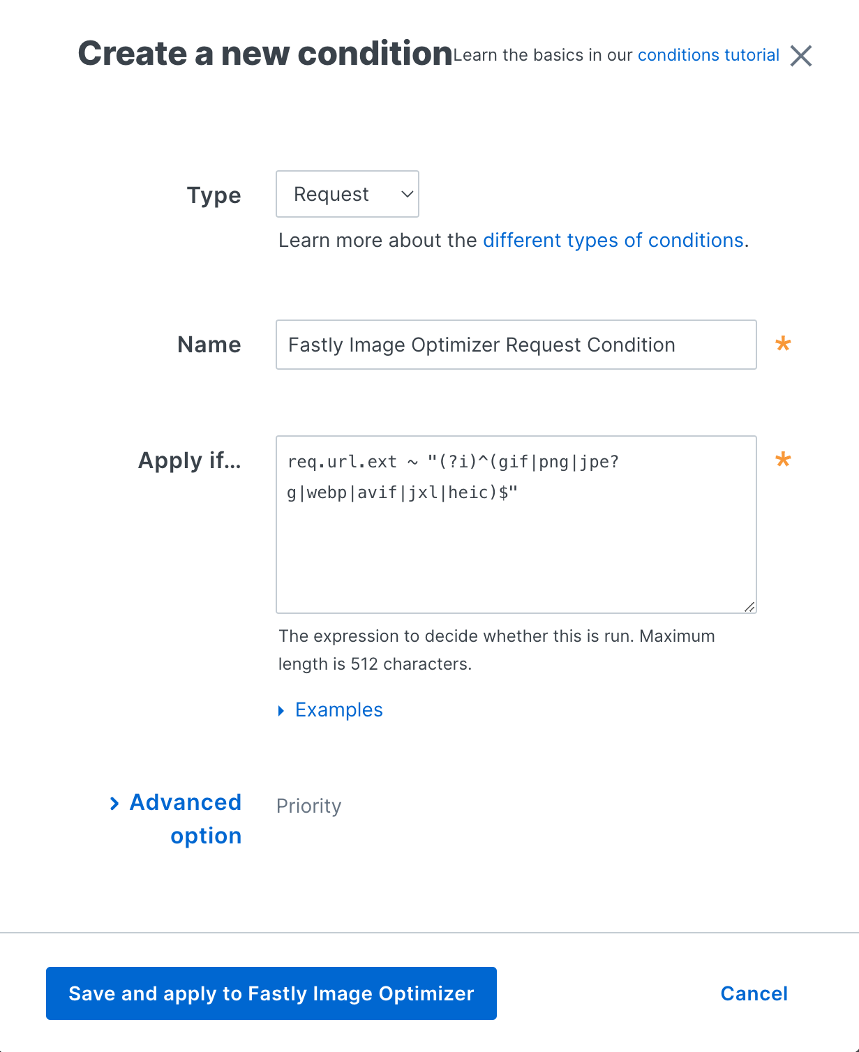 the new request condition window with the image optimization settings