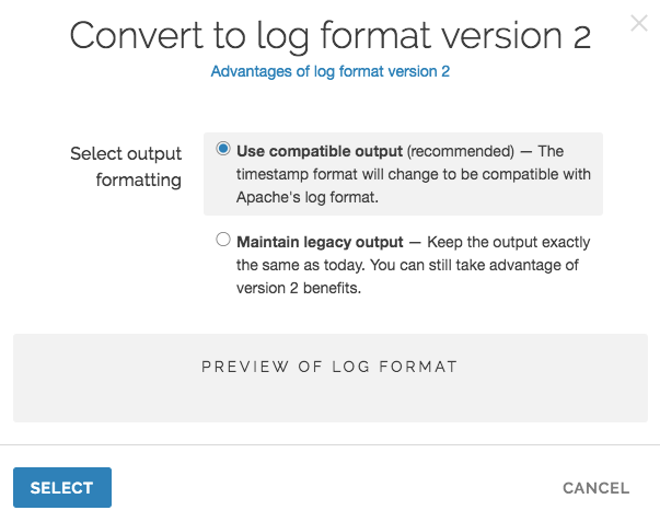 the convert to log format version 2 window