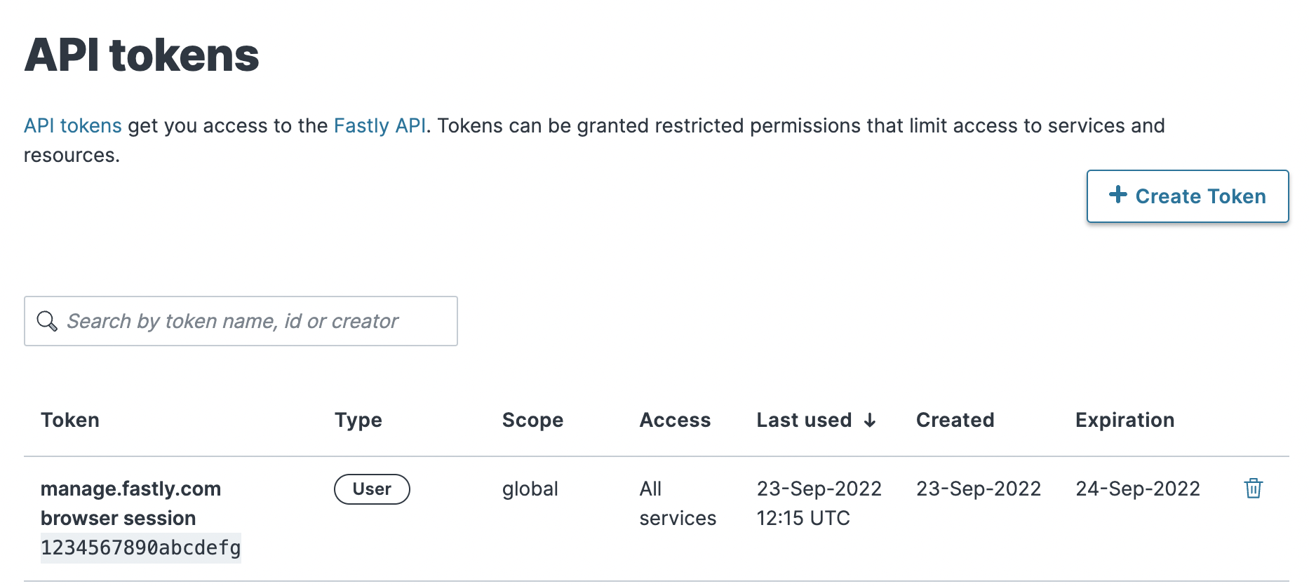 personal user token management page