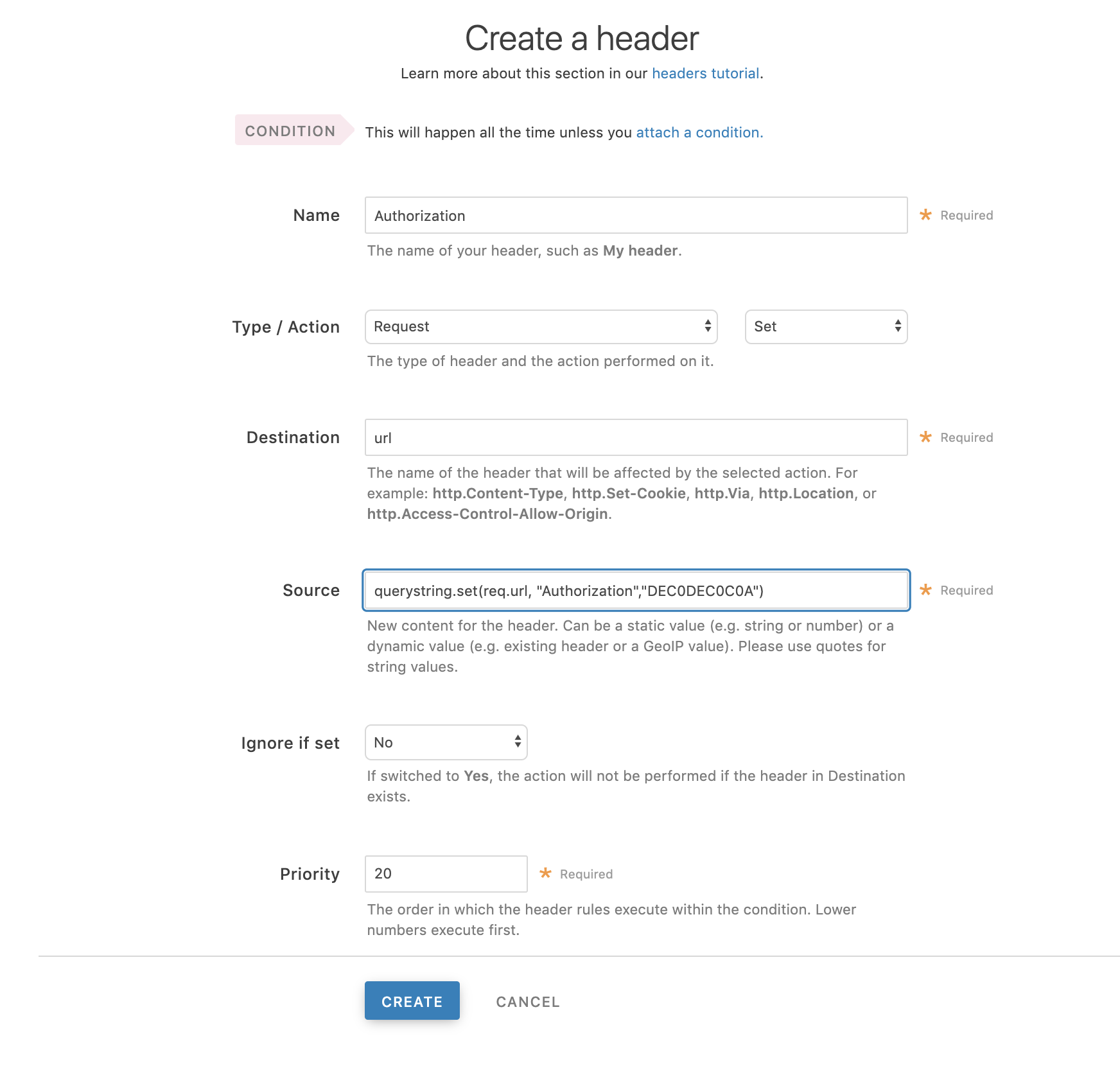 creating an authorization header via the header page