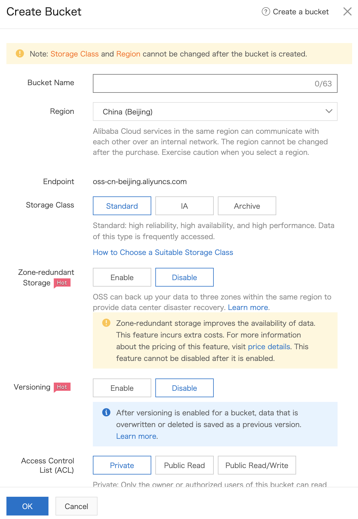 Alibaba Object Storage Service New Bucket window