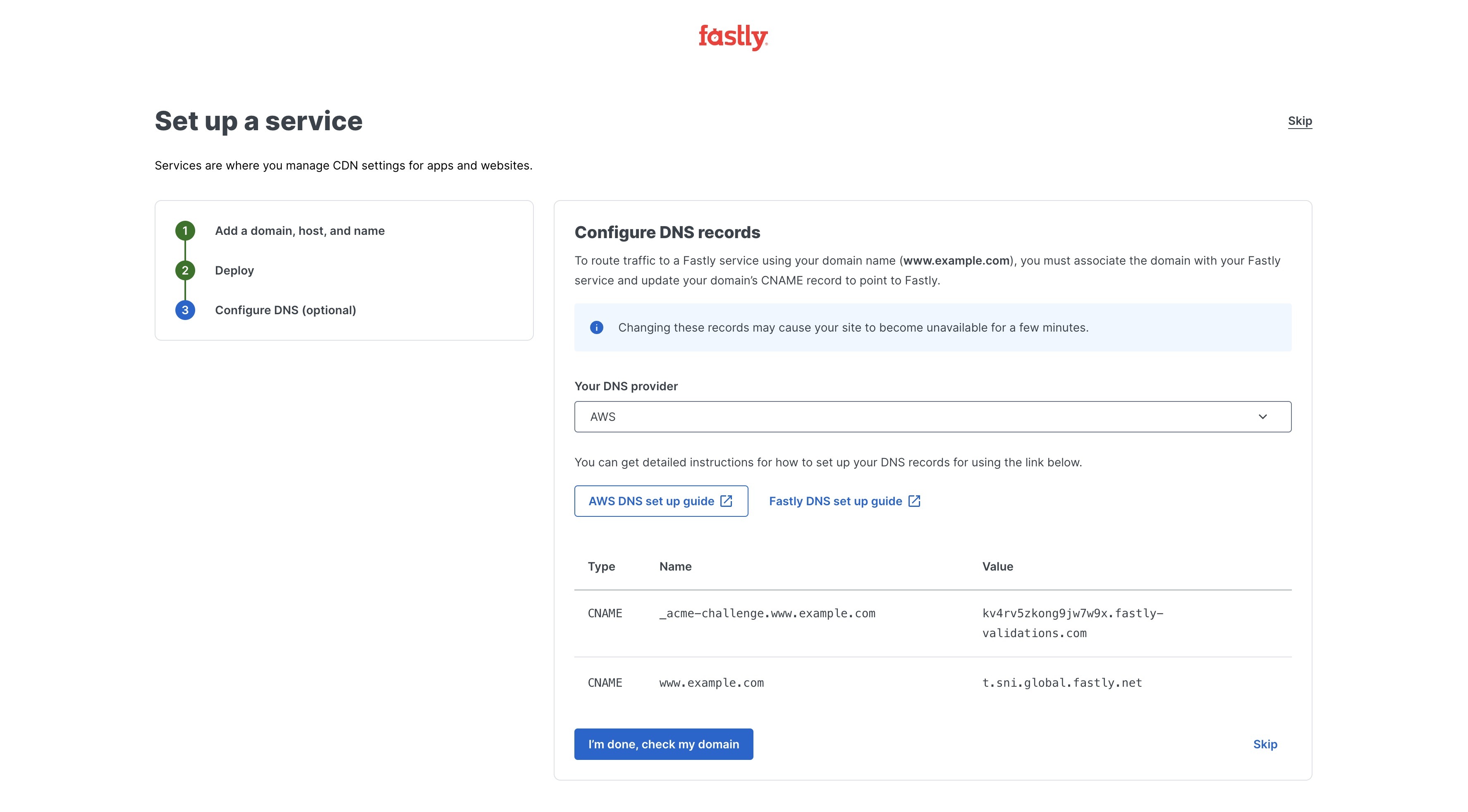 Settings for configuring DNS records
