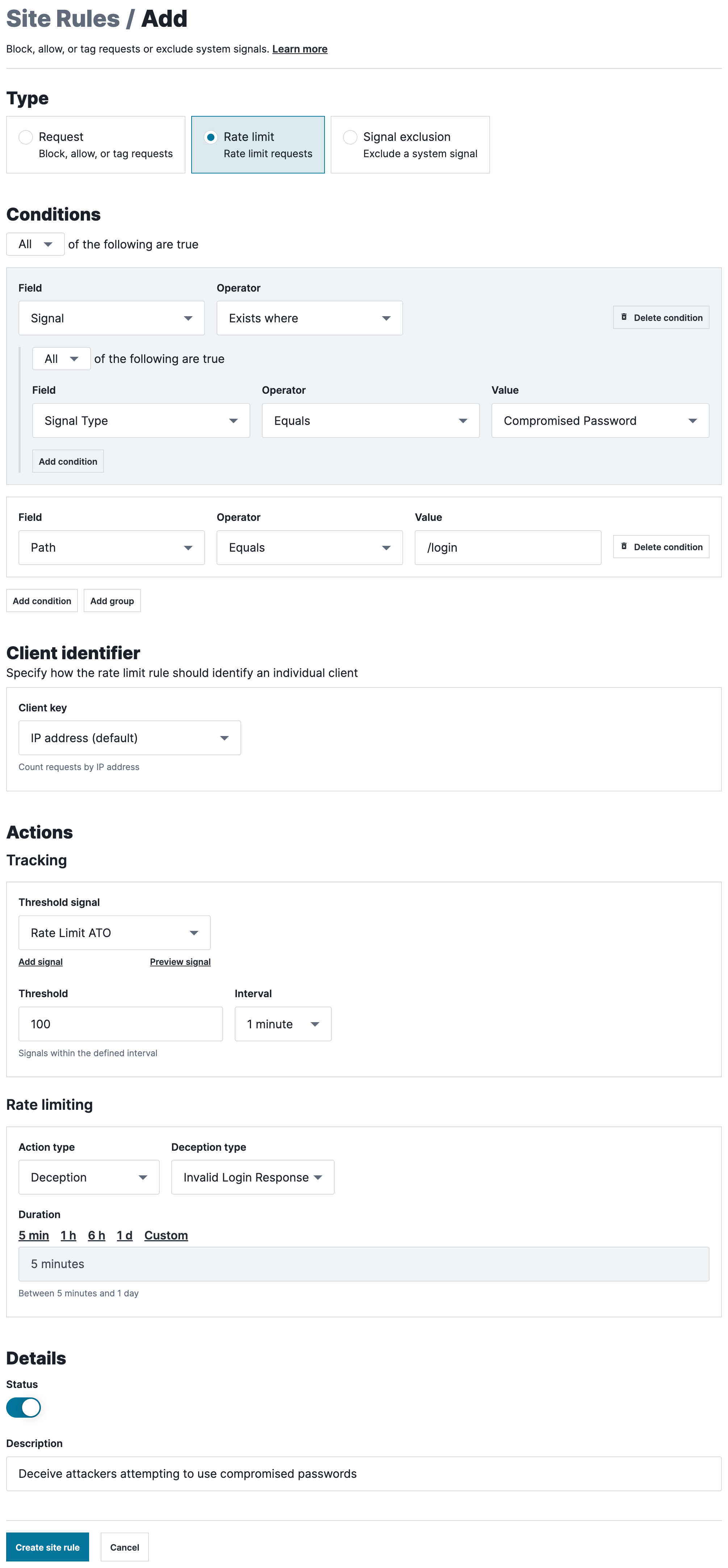 An advanced rate limiting rule designed to deceive attackers attempting to use compromised credentials to log in.