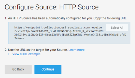 Sumo Logic Configure Source: HTTP Source window with HTTP Source URL