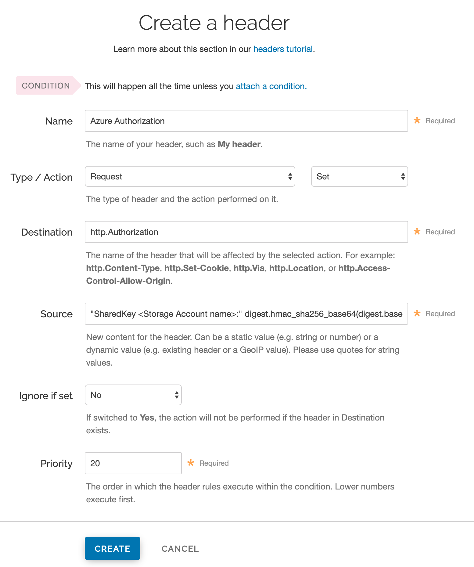 creating an authorization header via the header page