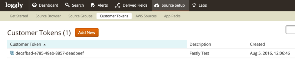 Customer Tokens area in the Source Setup of the loggly dashboard