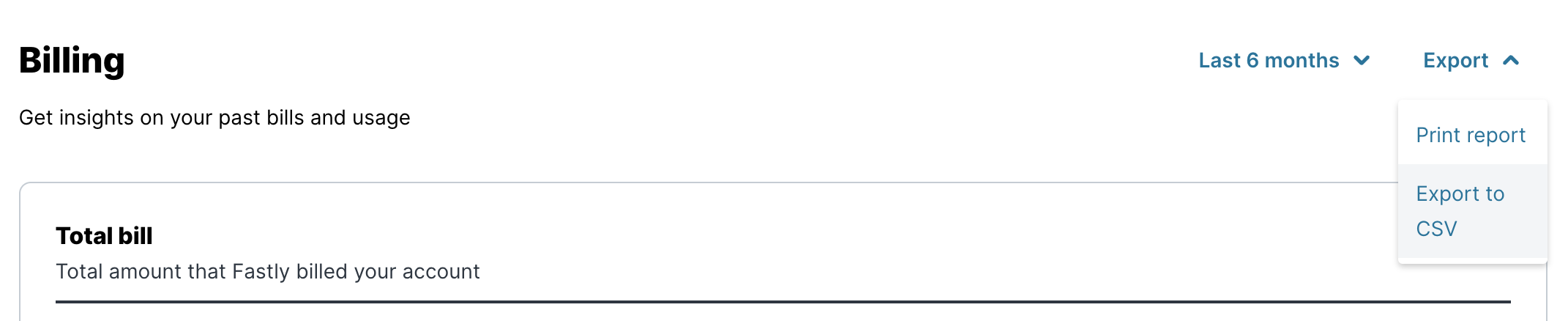 a partial shot of the top of the Billing overview page showing the choices available in the export menu