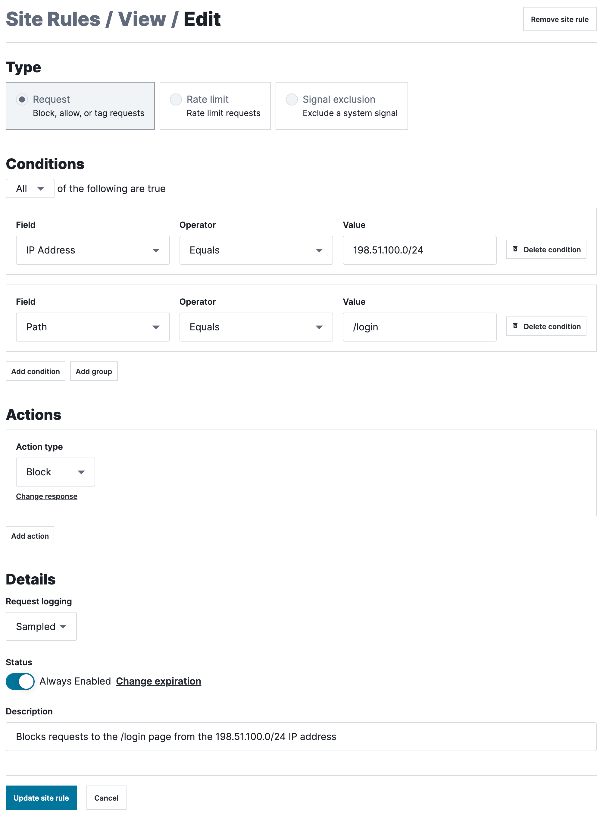 A request rule designed to block requests to the '/login' page from the IP address '198.51.100.50', as described above.